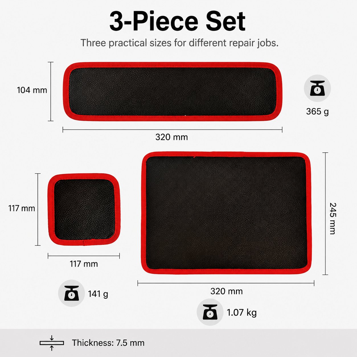 Three size options for magnetic tool mat set