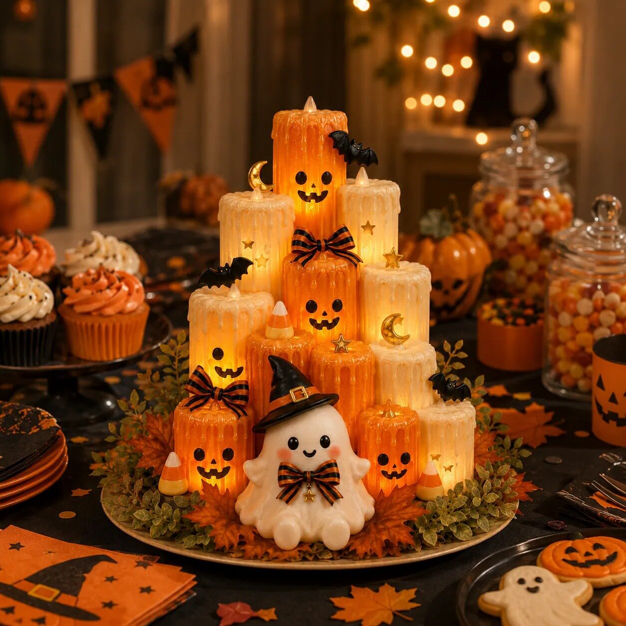 Halloween holiday party dinner table layout centerpiece display Halloween holiday party dinner table layout centerpiece display
