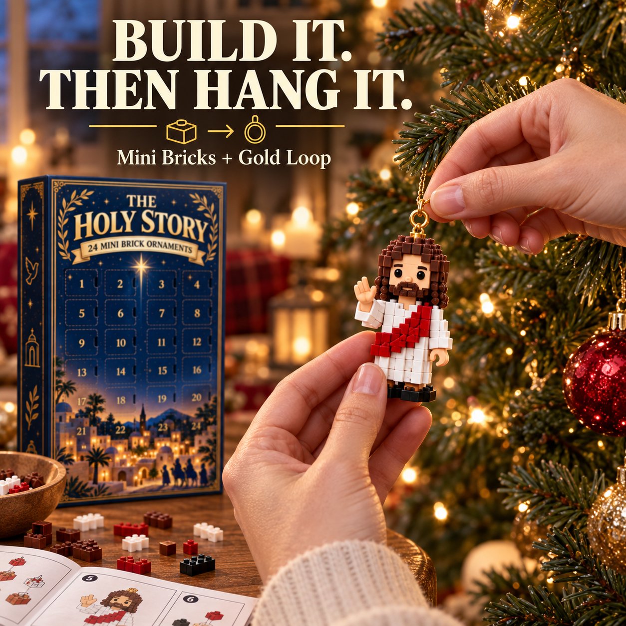 Build and hang mini brick Christmas ornaments
