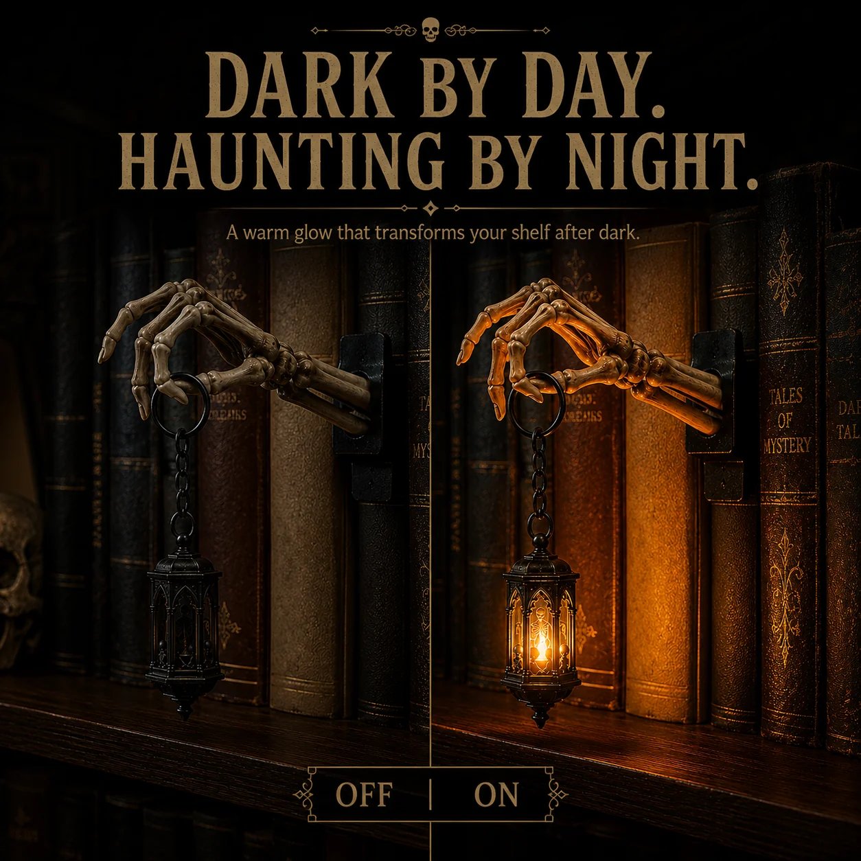 Skeleton Hand Lantern Shelf Light shown off and illuminated