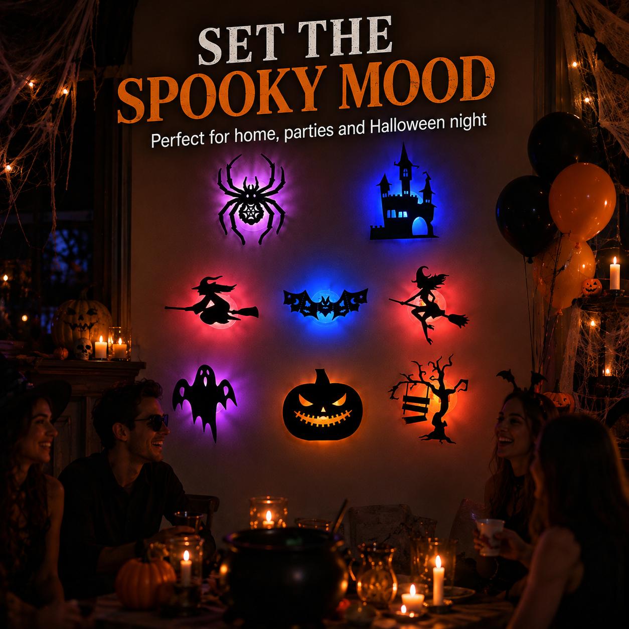 Halloween LED Silhouette Wall Light Stickers, Battery Powered Peel & Stick Decor Lights, No Drill PET Waterproof Wall Decor, Spooky Ghost Pumpkin Witch Bat Castle Spider Tree Ornaments for Home Window Door Party, 9/18/27 Pack Available