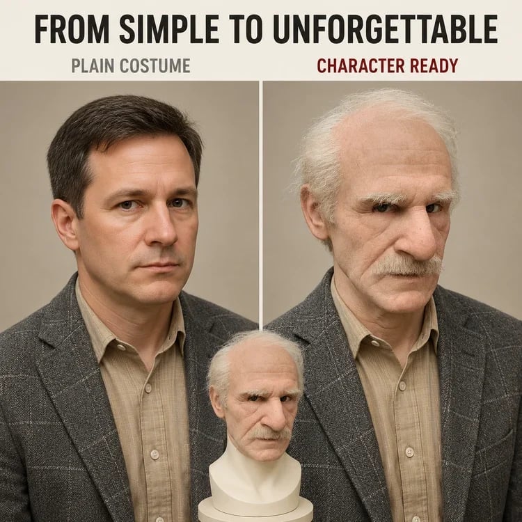 Side-by-side costume transformation using the elderly-character mask