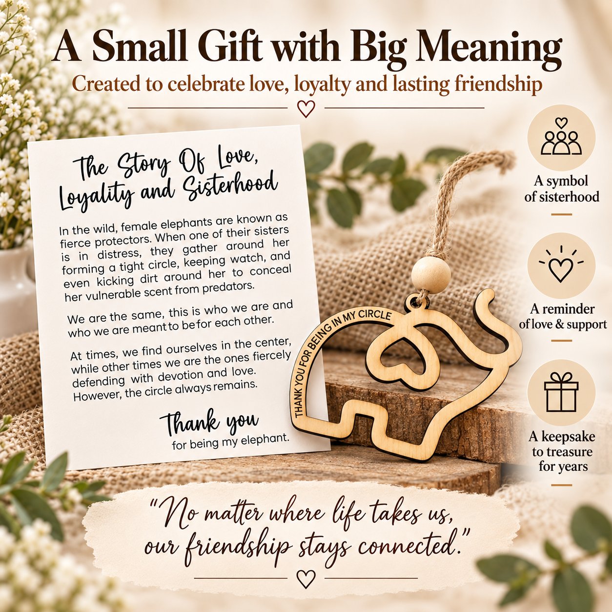 Wooden friendship elephant ornament
