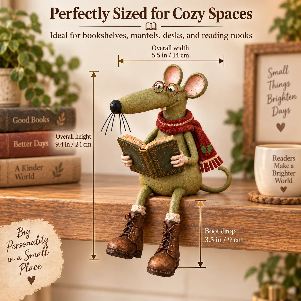 Reading mouse size guide: overall width 5.5 in / 14 cm, overall height 9.4 in / 24 cm, boot drop 3.5 in / 9 cm