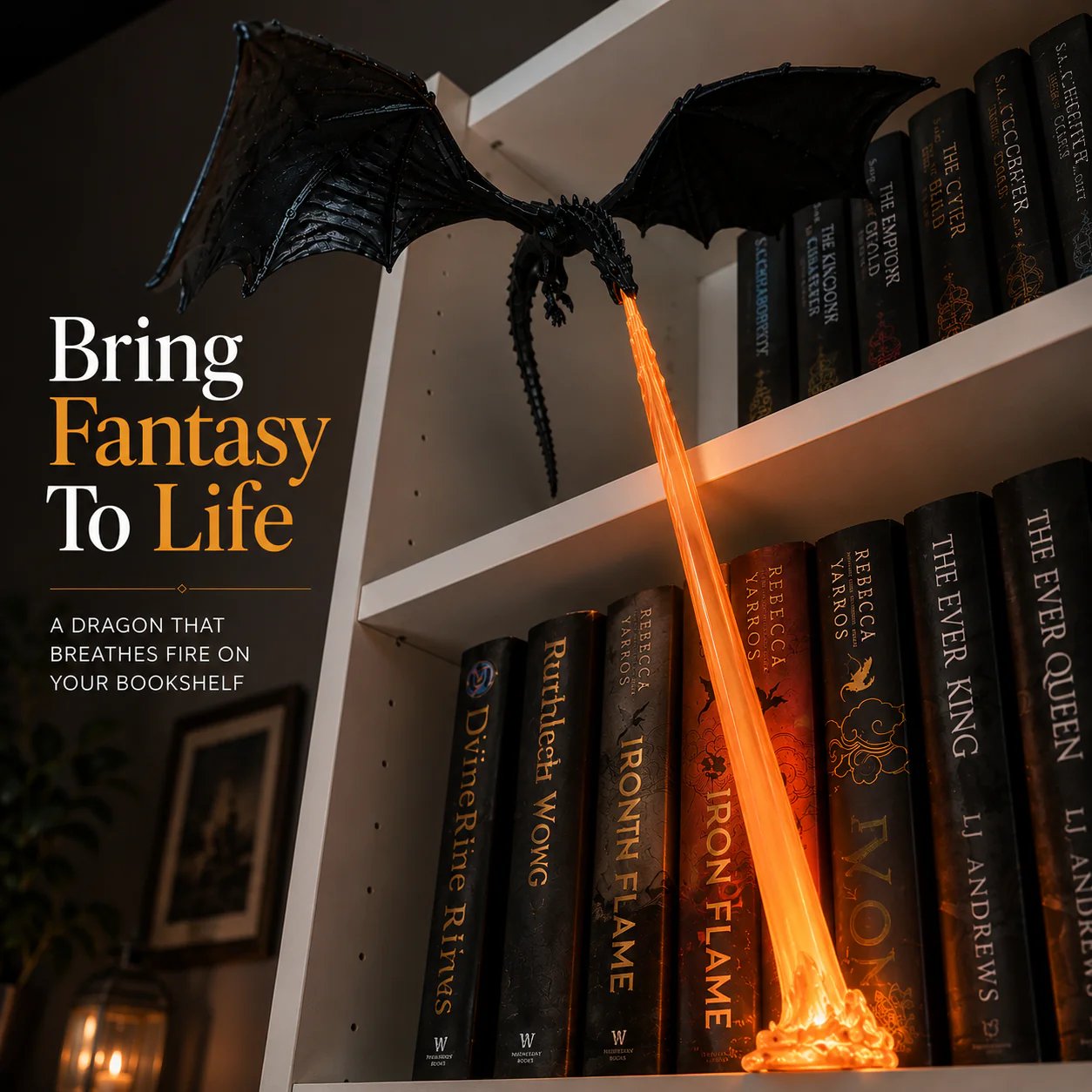 Dragon bookshelf decor transforming an ordinary shelf with warm flame light