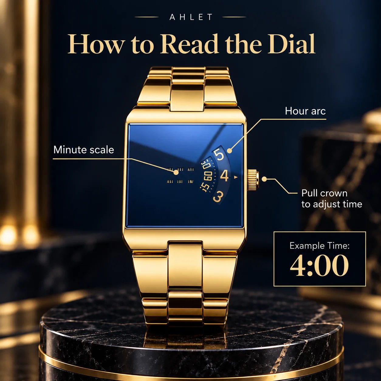 Close-up details of the Ahlet square watch and blue mirror dial