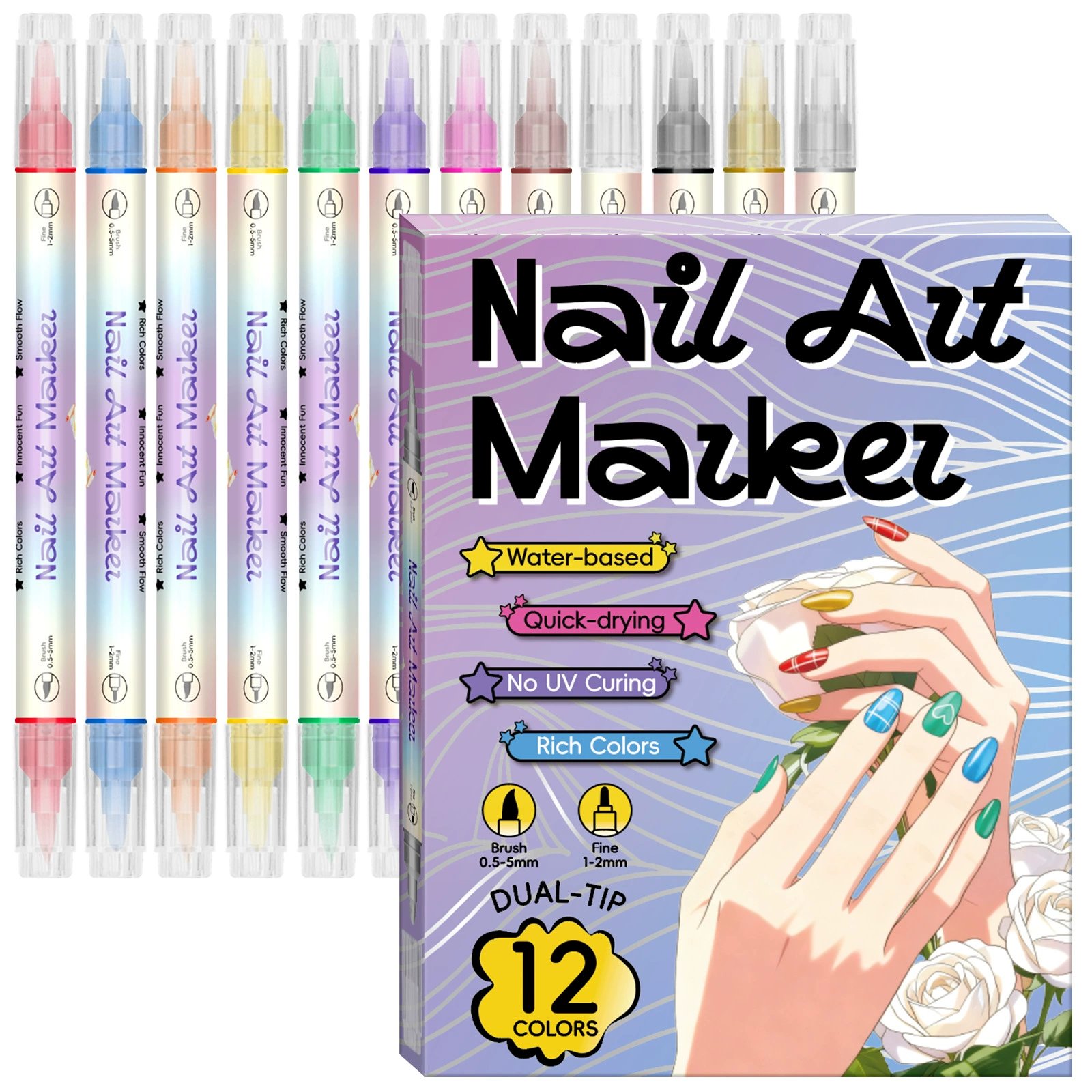 12/24 Colors Nail Art Pens – DIY 3D Markers for Drawing, Dotting & Manicure - 12 Colors