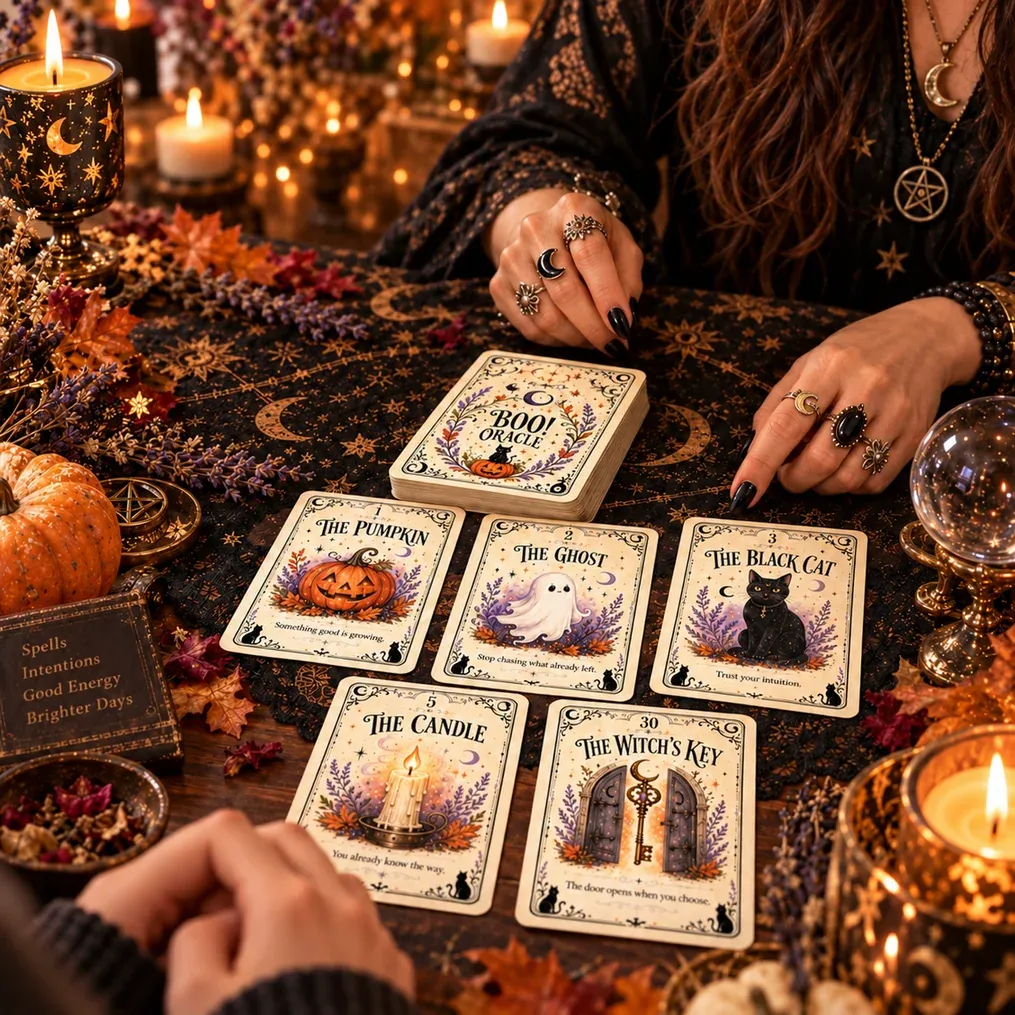 Woman using Halloween oracle cards at a cozy table