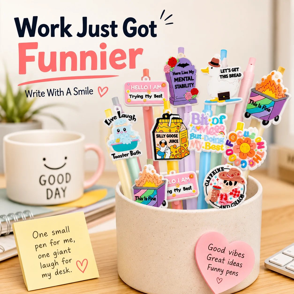 Funny meme pens displayed on a bright office desk Funny meme pens displayed on a bright office desk