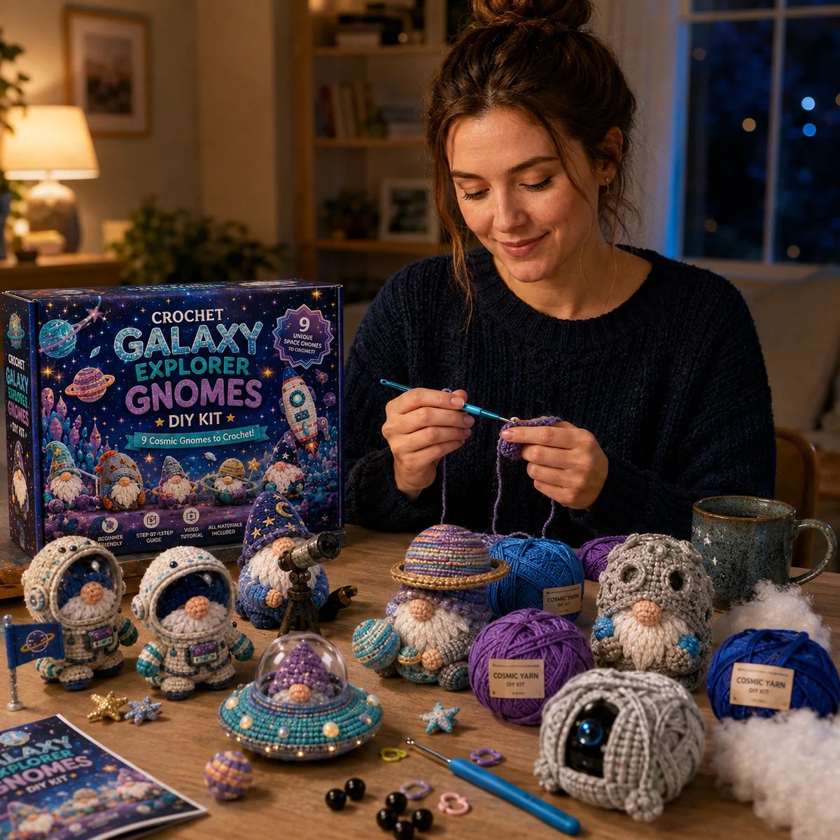 Woman crocheting Galaxy Explorer Gnomes