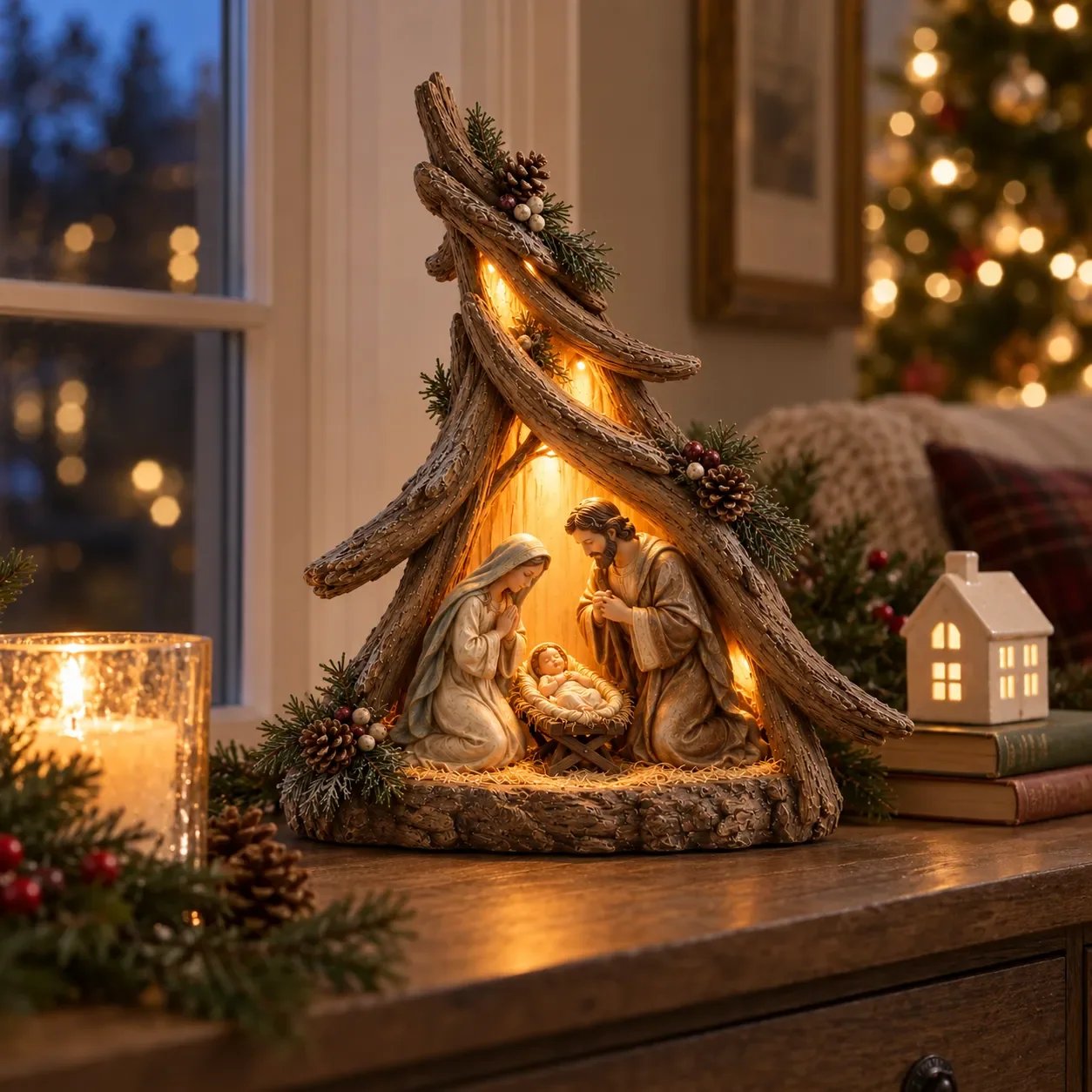 Old World Nativity glowing at night