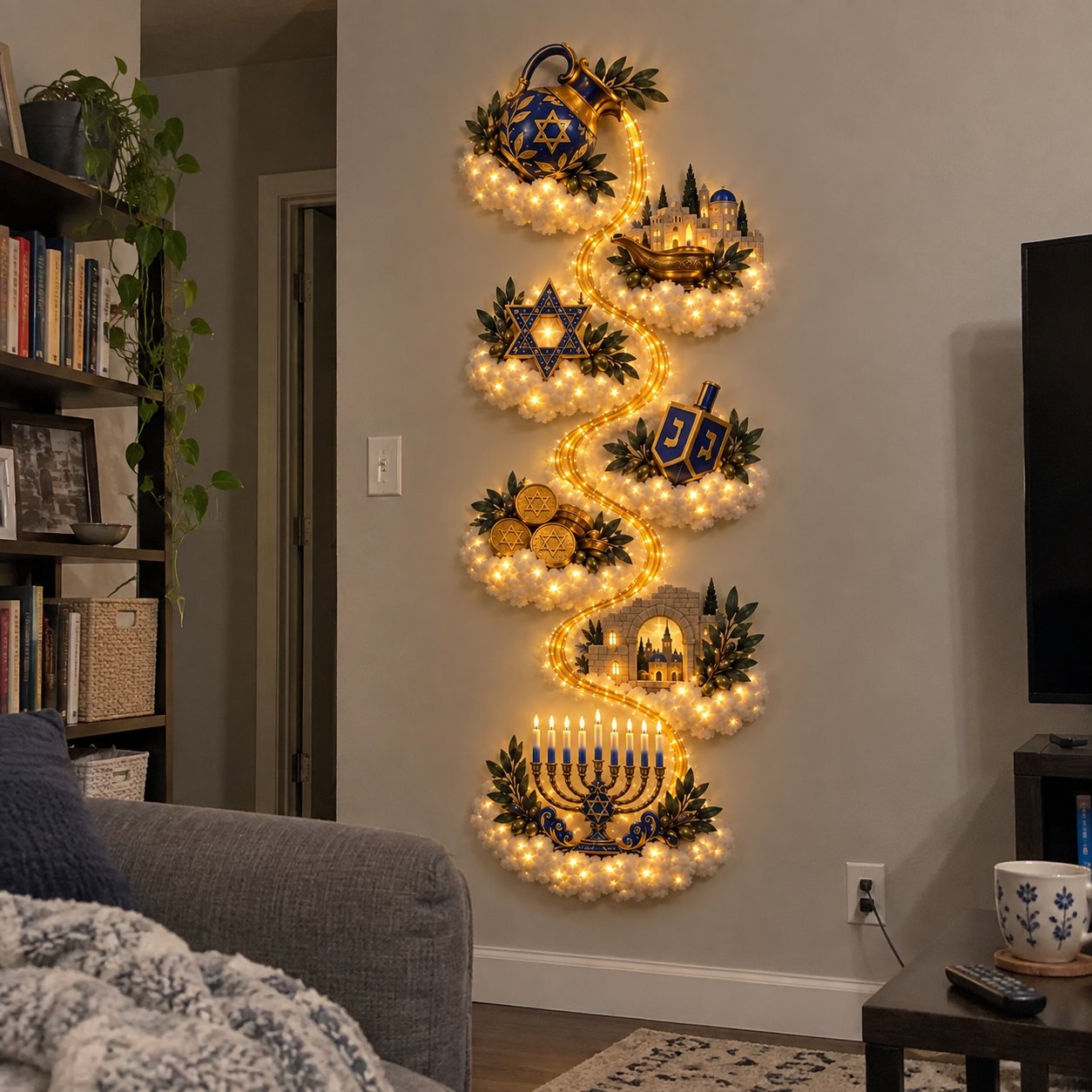 AI-generated living room scene with illuminated Miracle of Oil Hanukkah wall decor beside a sofa