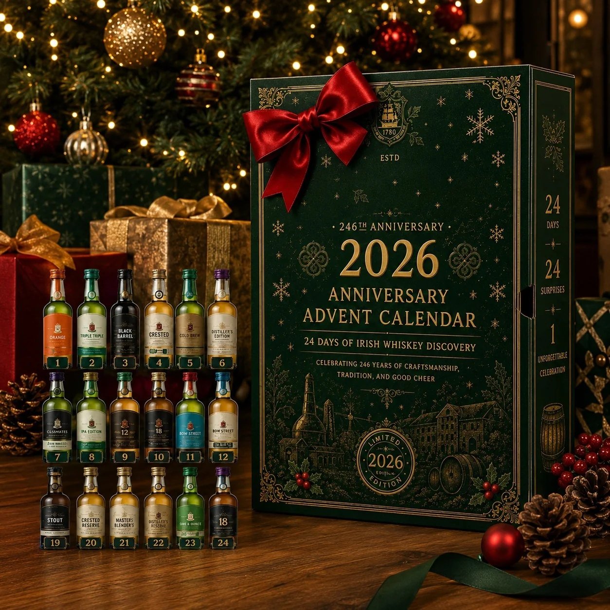Premium 24-door Irish whiskey countdown with daily bottles