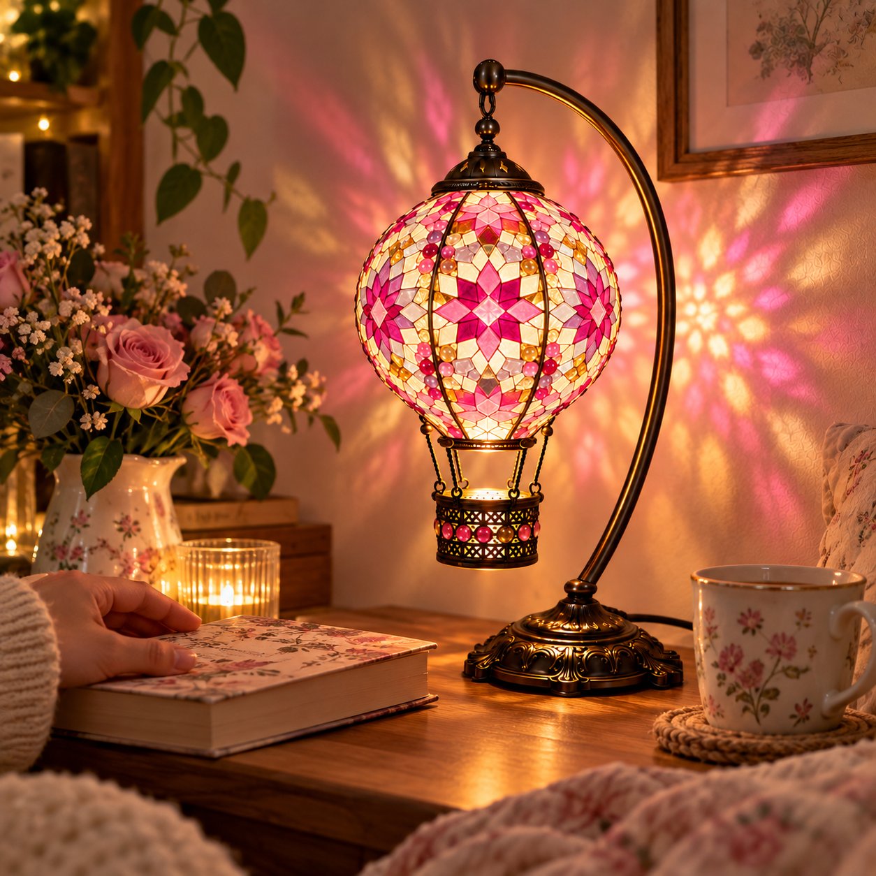 Blush Pink mosaic balloon lamp in a warm bedroom reading setting