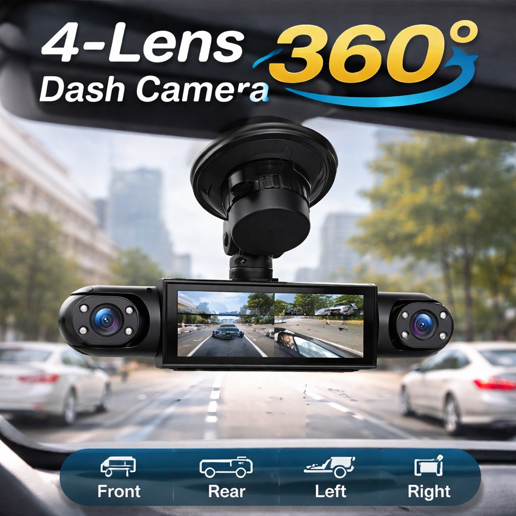 Four way simultaneous recording dash camera front rear left right