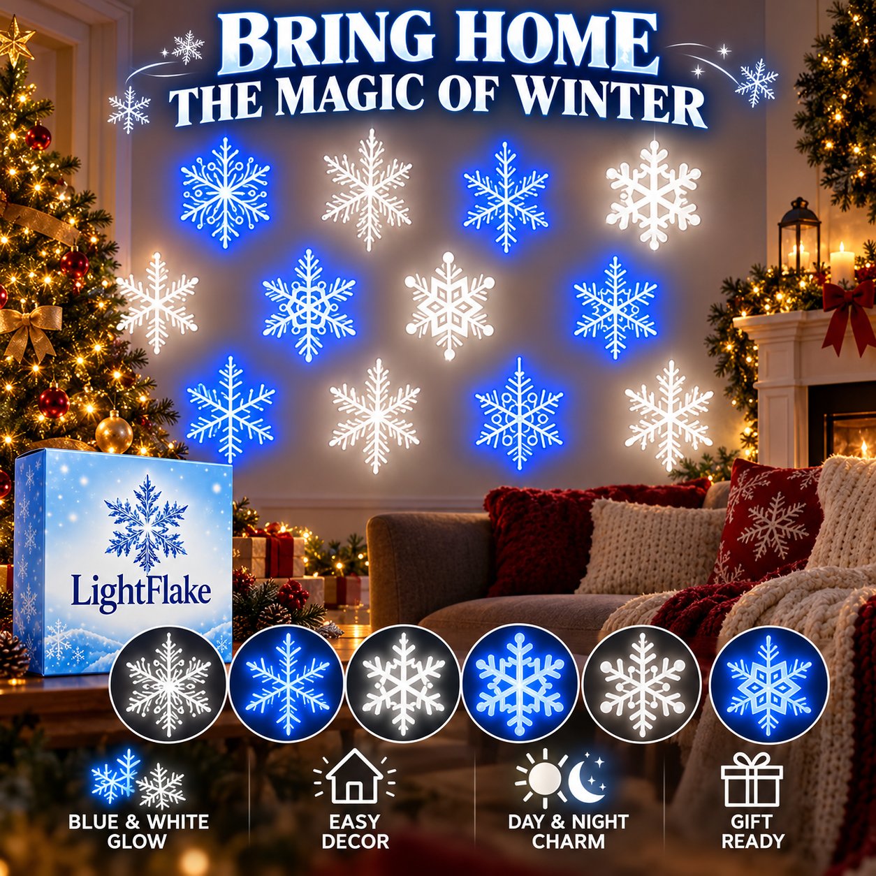 snowflake lights Christmas purchase summary scene