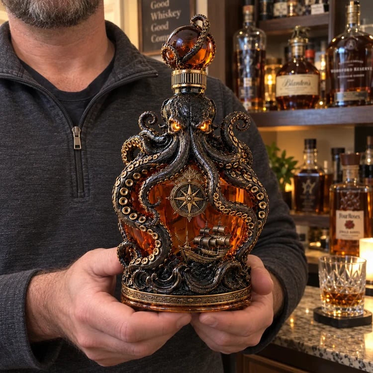 Kraken decanter held in a home bar