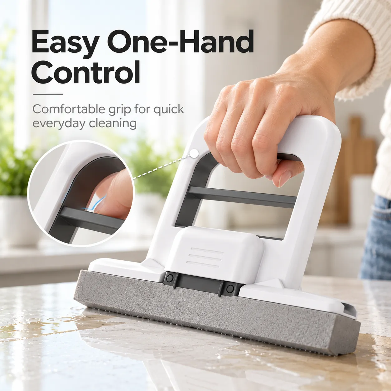Close-up of the one-hand grip on the mini mop