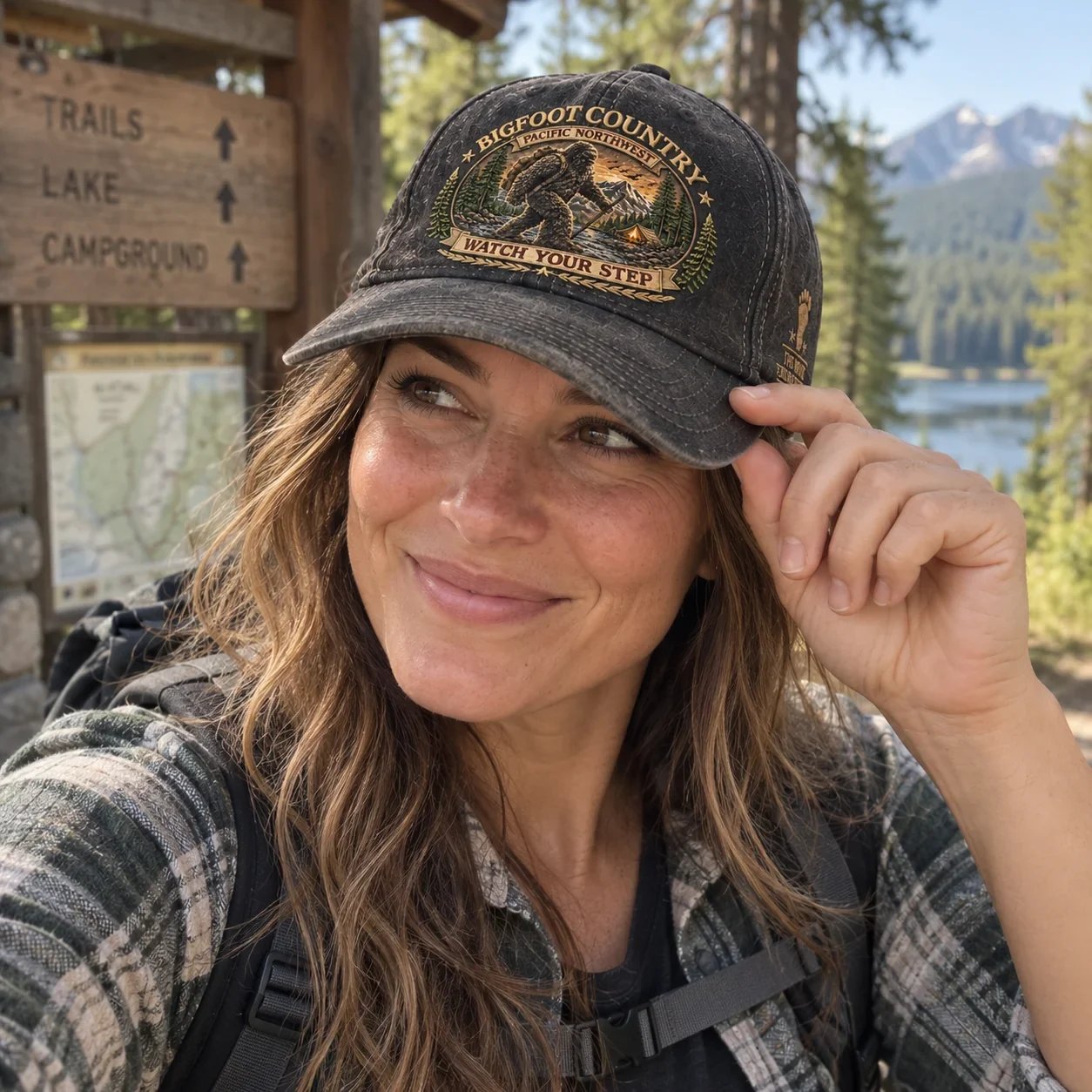 Woman wearing Bigfoot Country cap beside a mountain lake