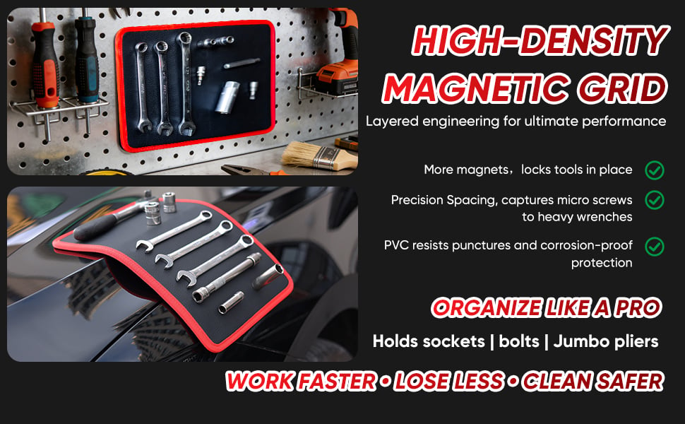 Flexible magnetic tool mat bending to fit a workshop surface