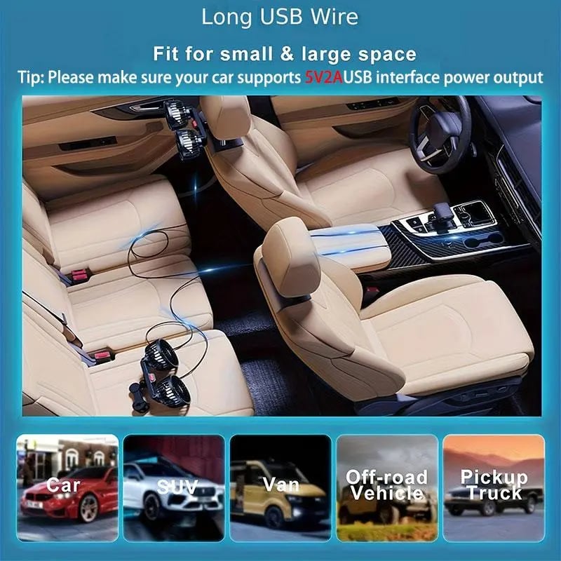 Product Introduction of Father's Day Gifts, Mother's Day Gift, Adjustable Car Backseat Fan, 1 Count Summer Essential Double-head Electric Fan with Seat Clip, Strong Wind Rear Seat Back 360 Degrees Rotation Large Air Volume Fan, Men Gifts, Car Ventilation Tools 68
