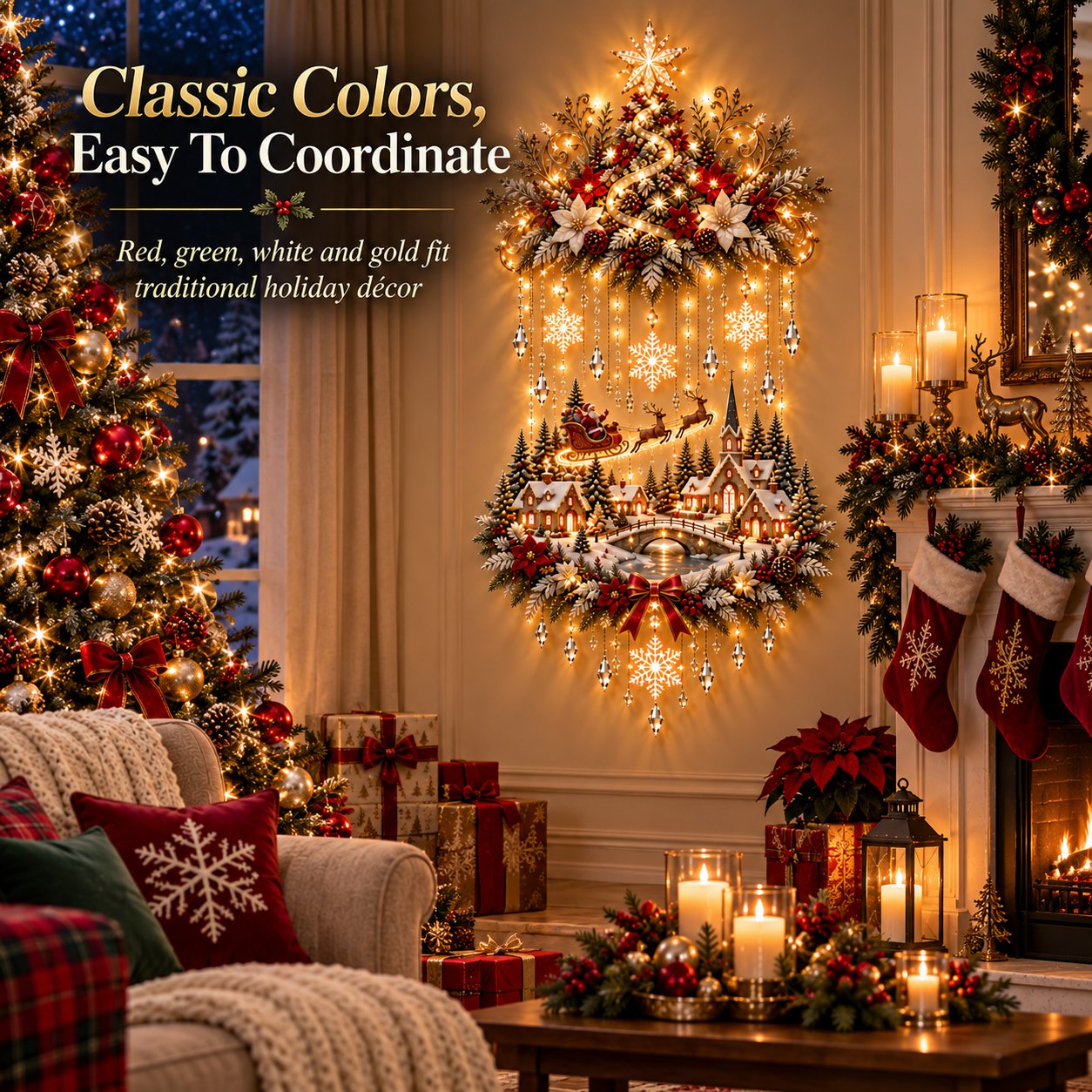 Christmas village wall hanging coordinated with traditional holiday decor