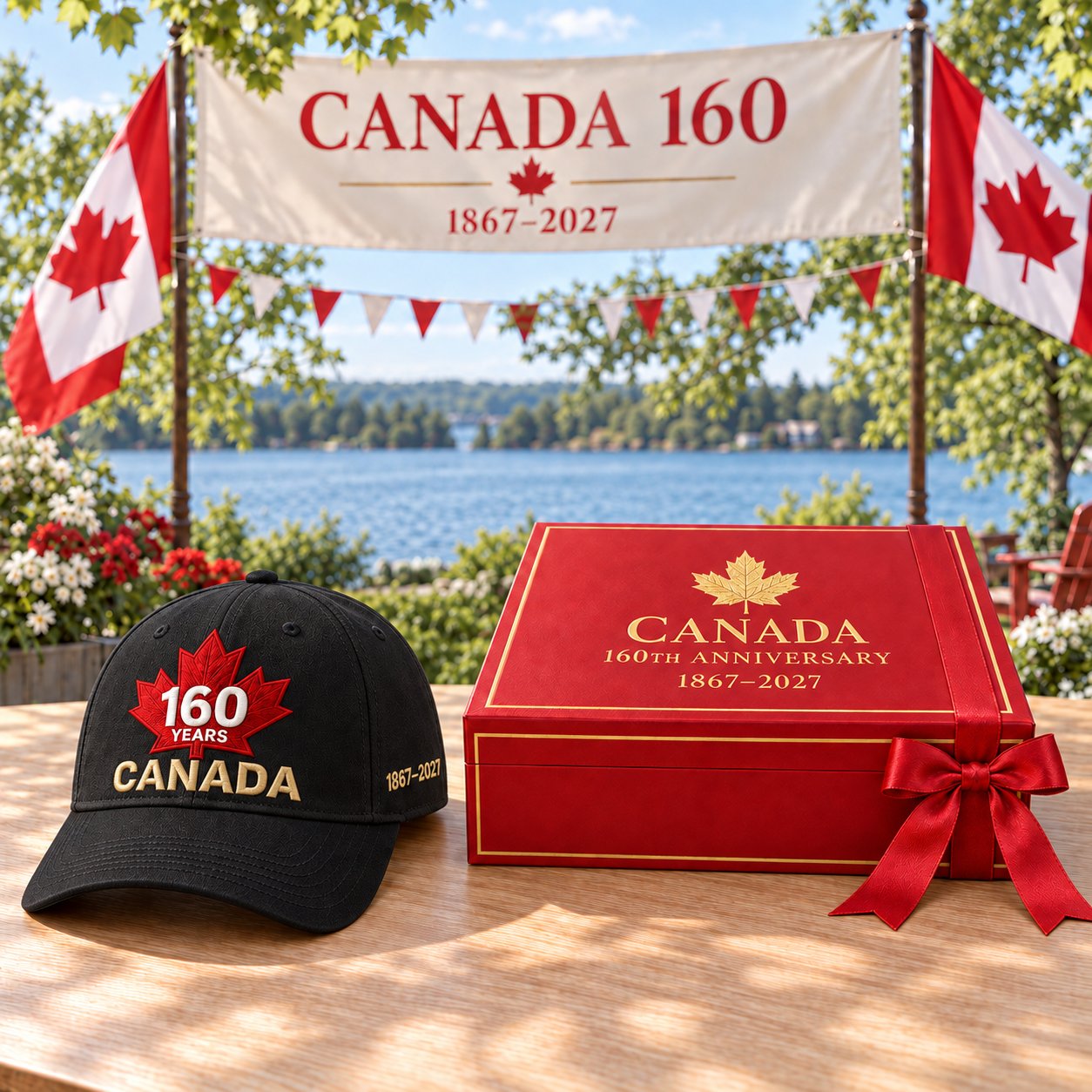 Black anniversary cap with gold lettering and the closed red and gold gift box