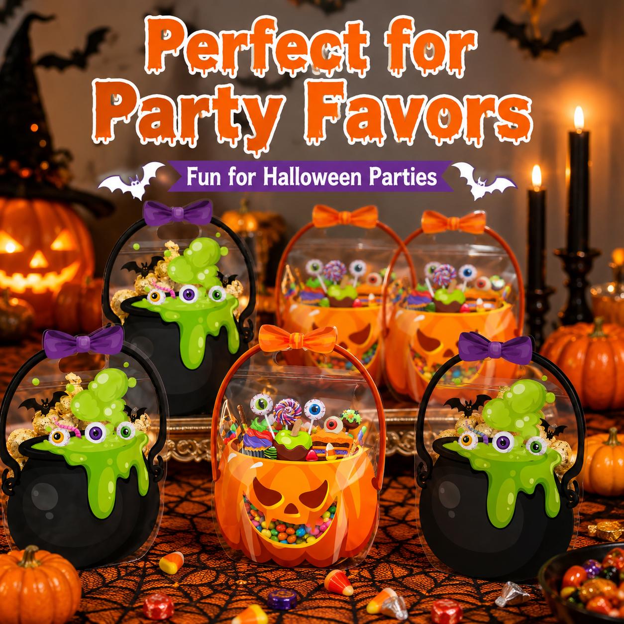 12/24/36/48/60 Pcs Halloween Plastic Goodie Bags, Trick or Treat Candy Bags, Cauldron, Skeleton, Black Cat, Skull, Pumpkin Pattern Treat Bags, Halloween Party Favor Snack Storage Bags for Classroom, Birthday, Students, Teachers, Neighbors