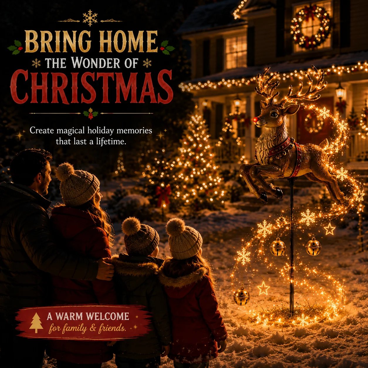 Family enjoying Reindeer Magic Trail Christmas yard decoration