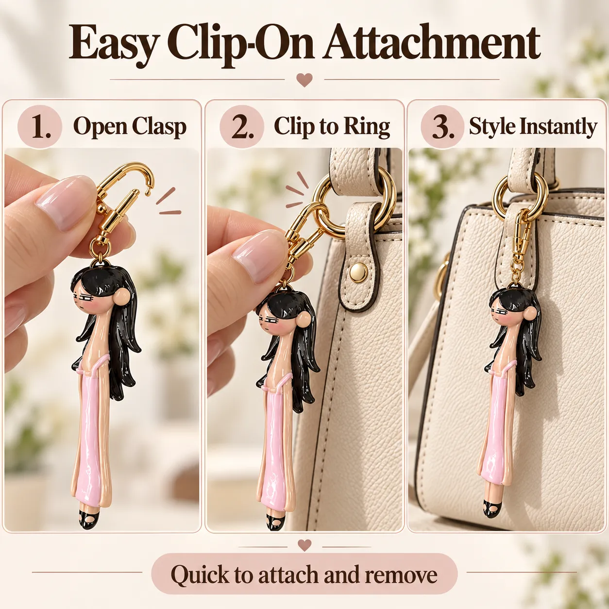 Gold-tone clip-on attachment on the fashion doll bag charm