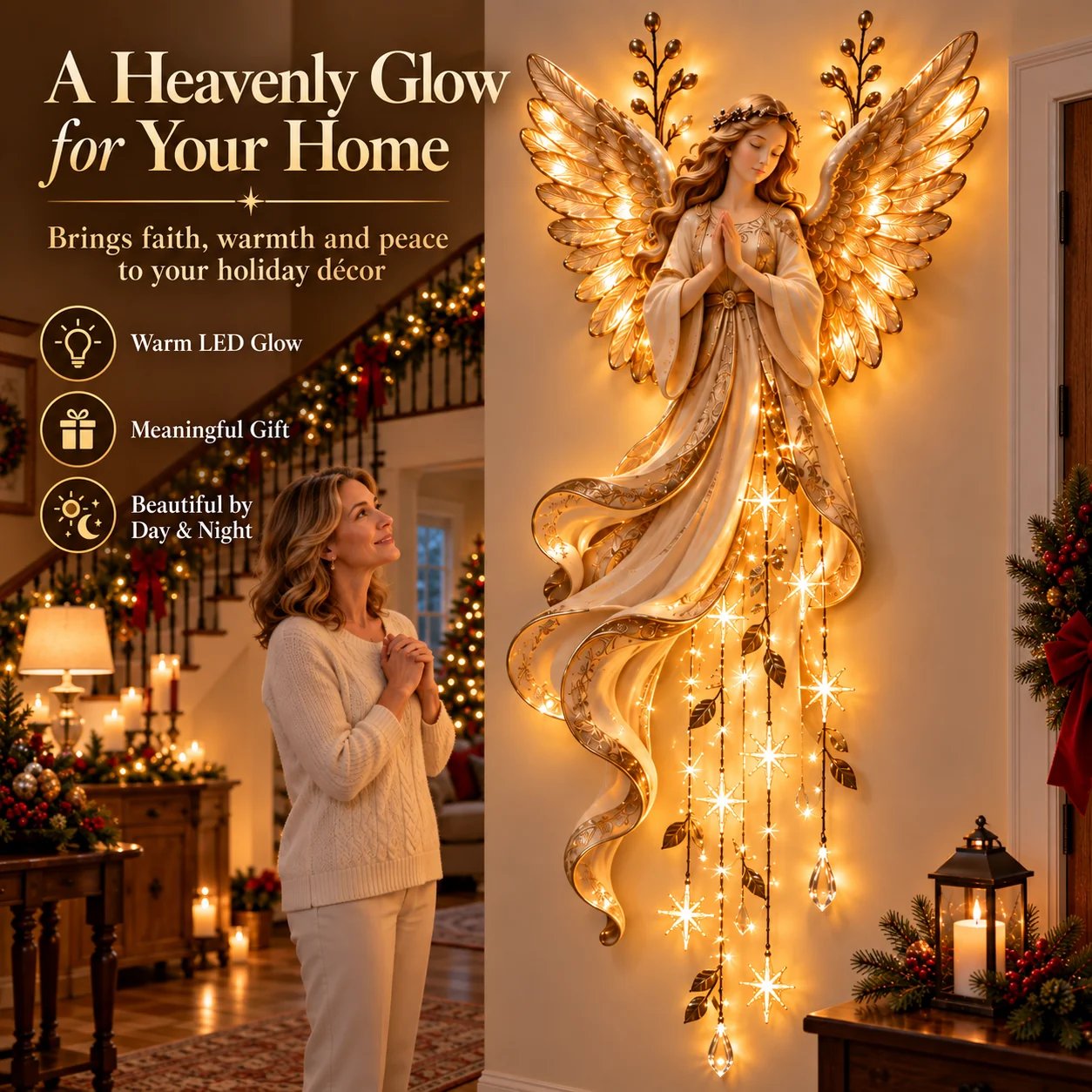 Woman admiring Guardian Angel wall decor