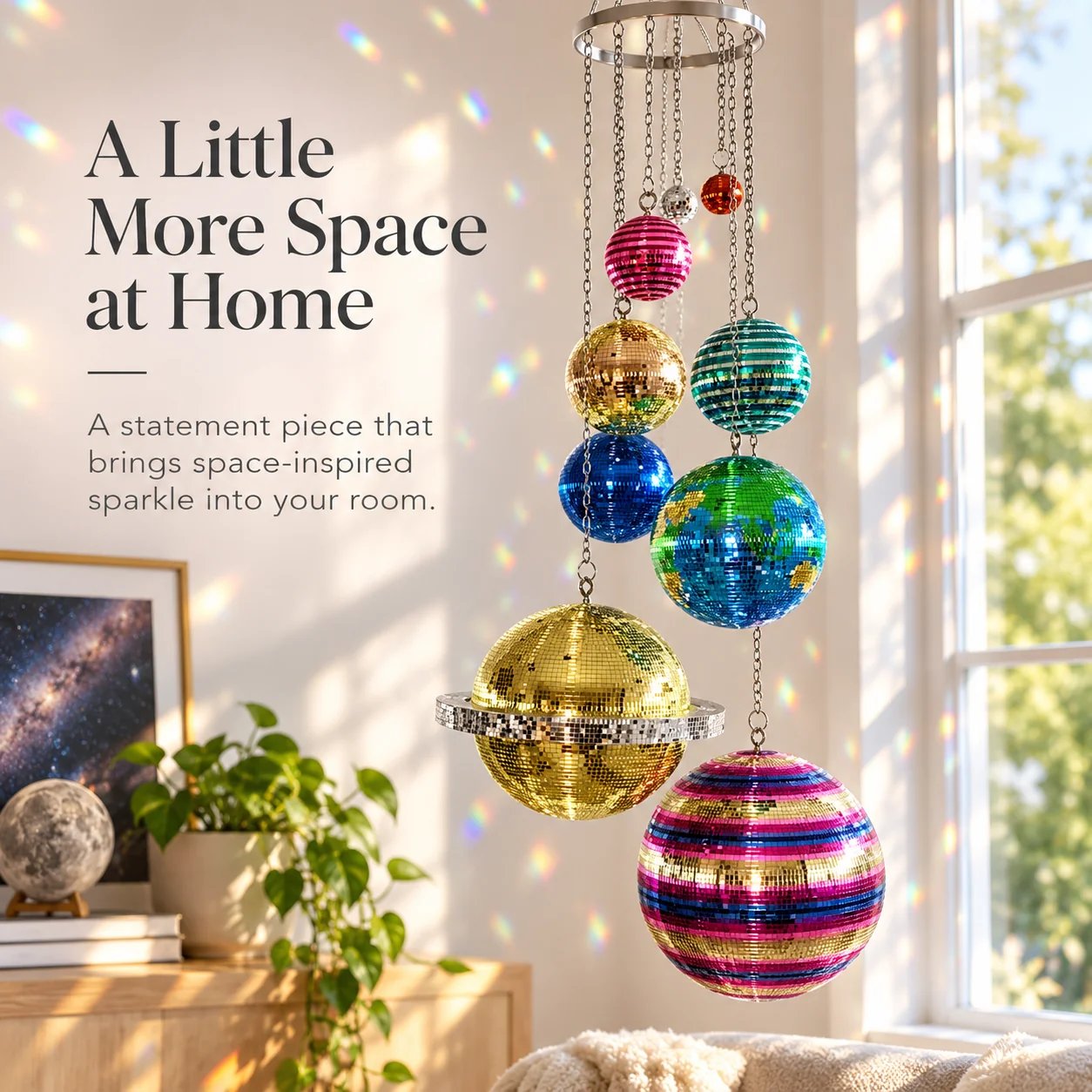 Colorful solar system hanging mobile using unused vertical space beside a bright window