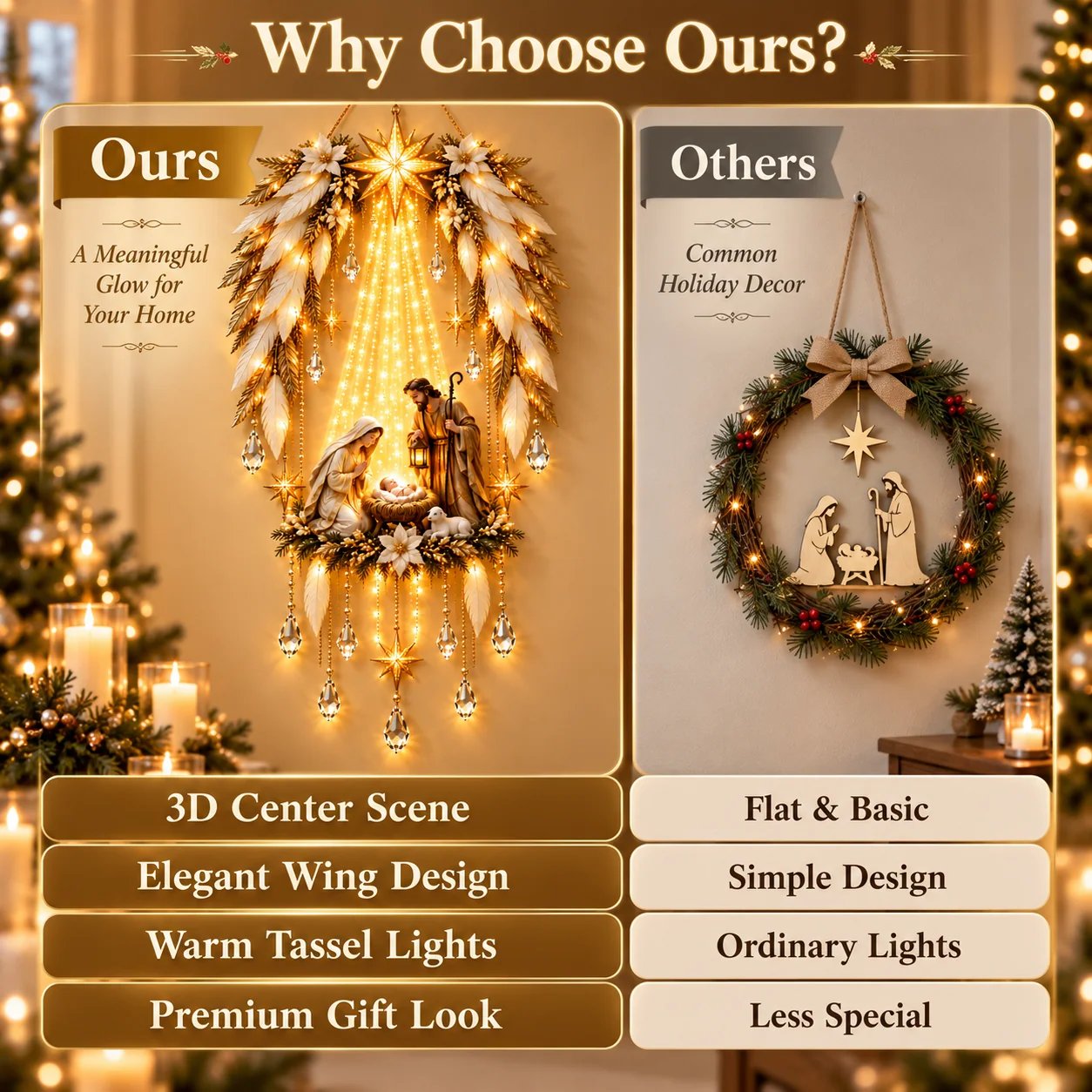 Comparison between dimensional Nativity Christmas wall decor and ordinary holiday decor