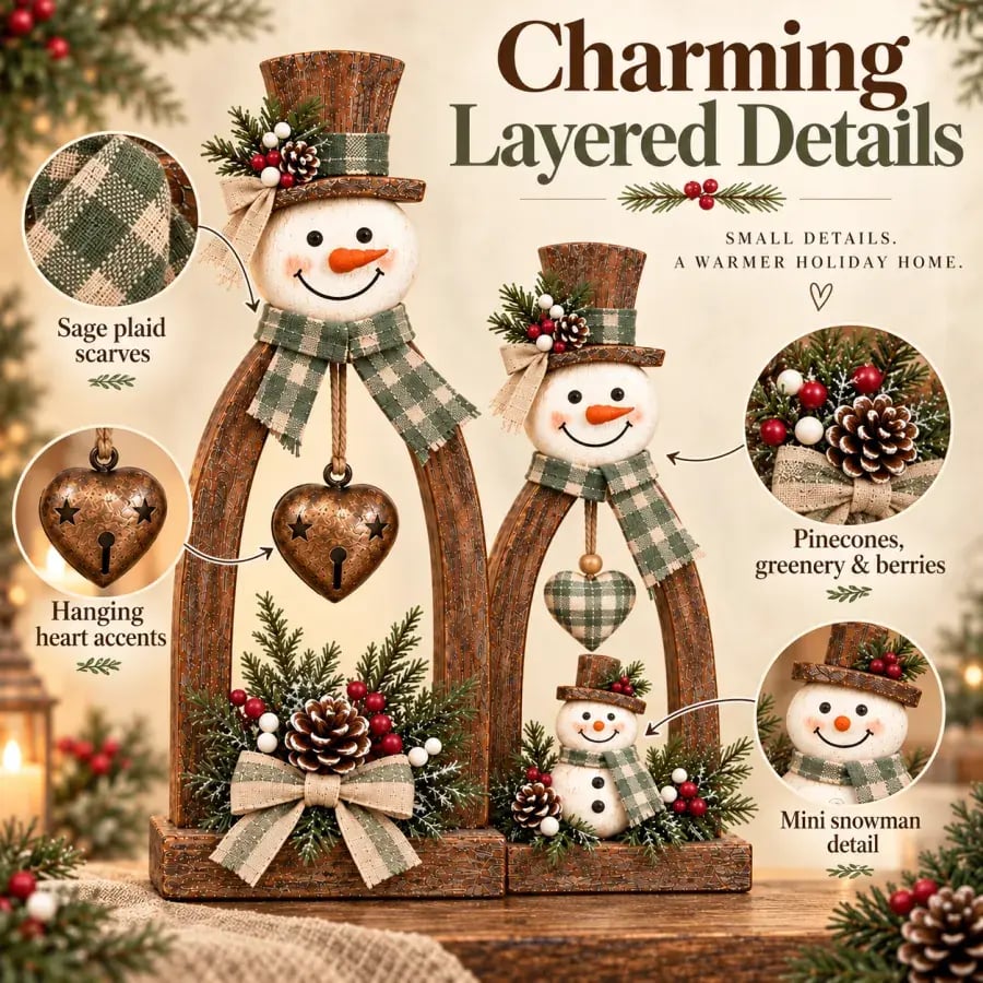 Close-ups of plaid scarves, hanging heart accents, pinecones, berries and the miniature snowman detail.