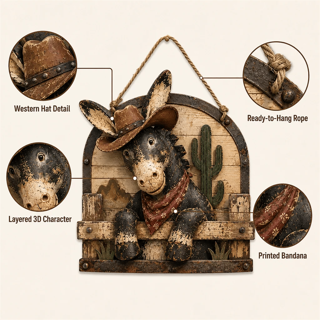 Cowboy donkey wall hanging detail callouts
