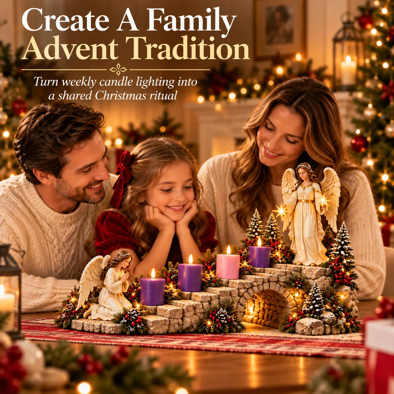Family Advent tradition with angel stairway candle centerpiece