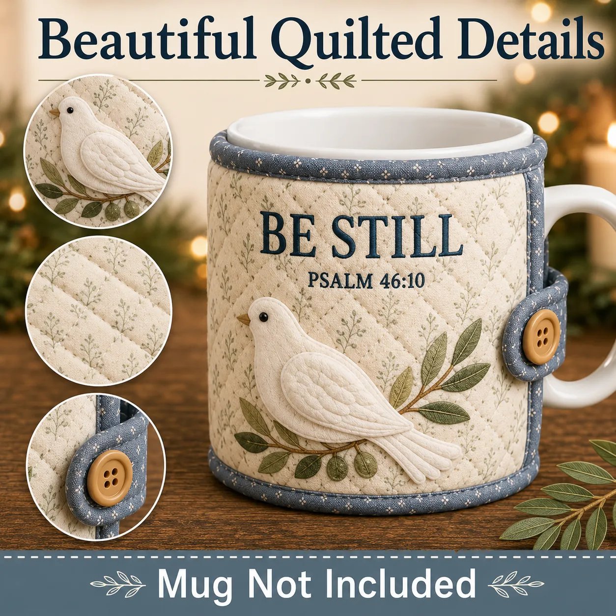 Faith scripture mug cozy quilted details