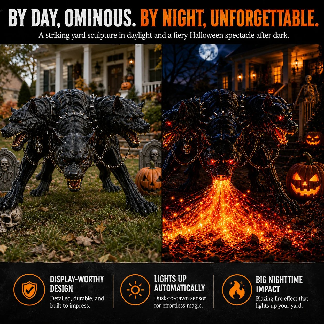 Hellhound garden decoration day and night comparison