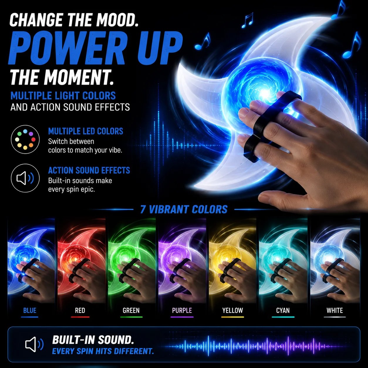 Multiple LED colors and action sound effects