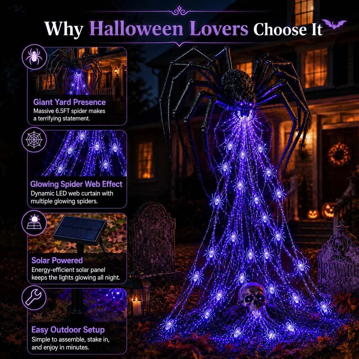 Halloween spider decoration during day and night