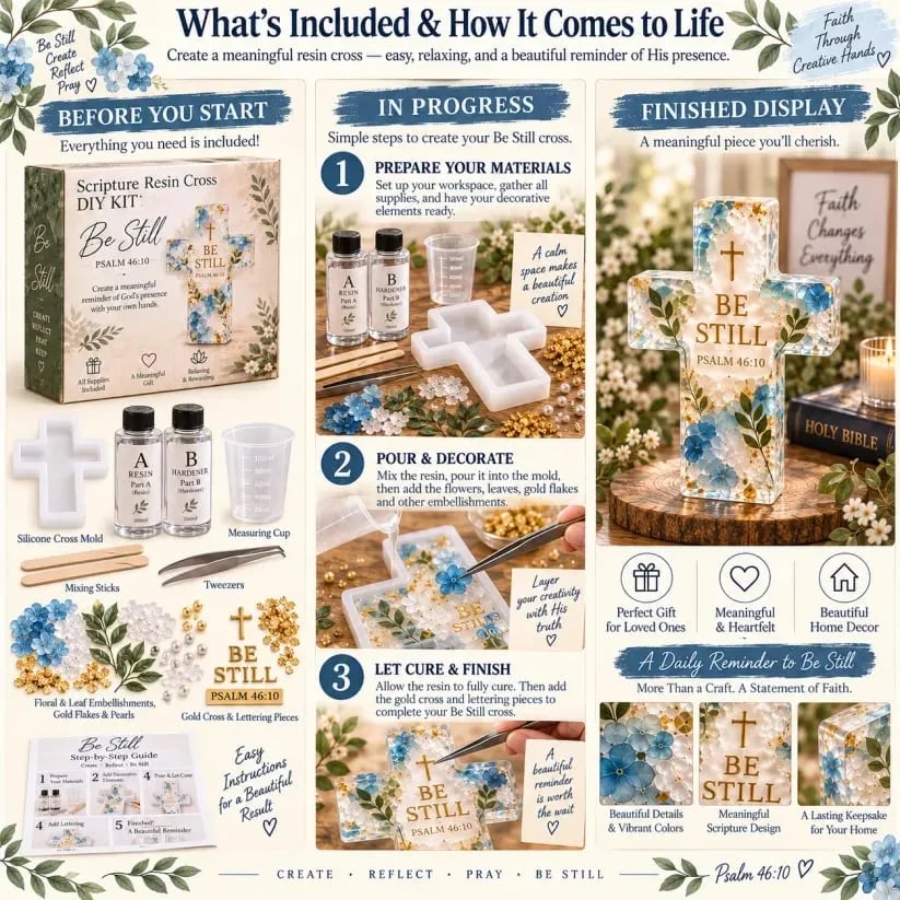 Scripture Resin Cross DIY Kit steps and contents