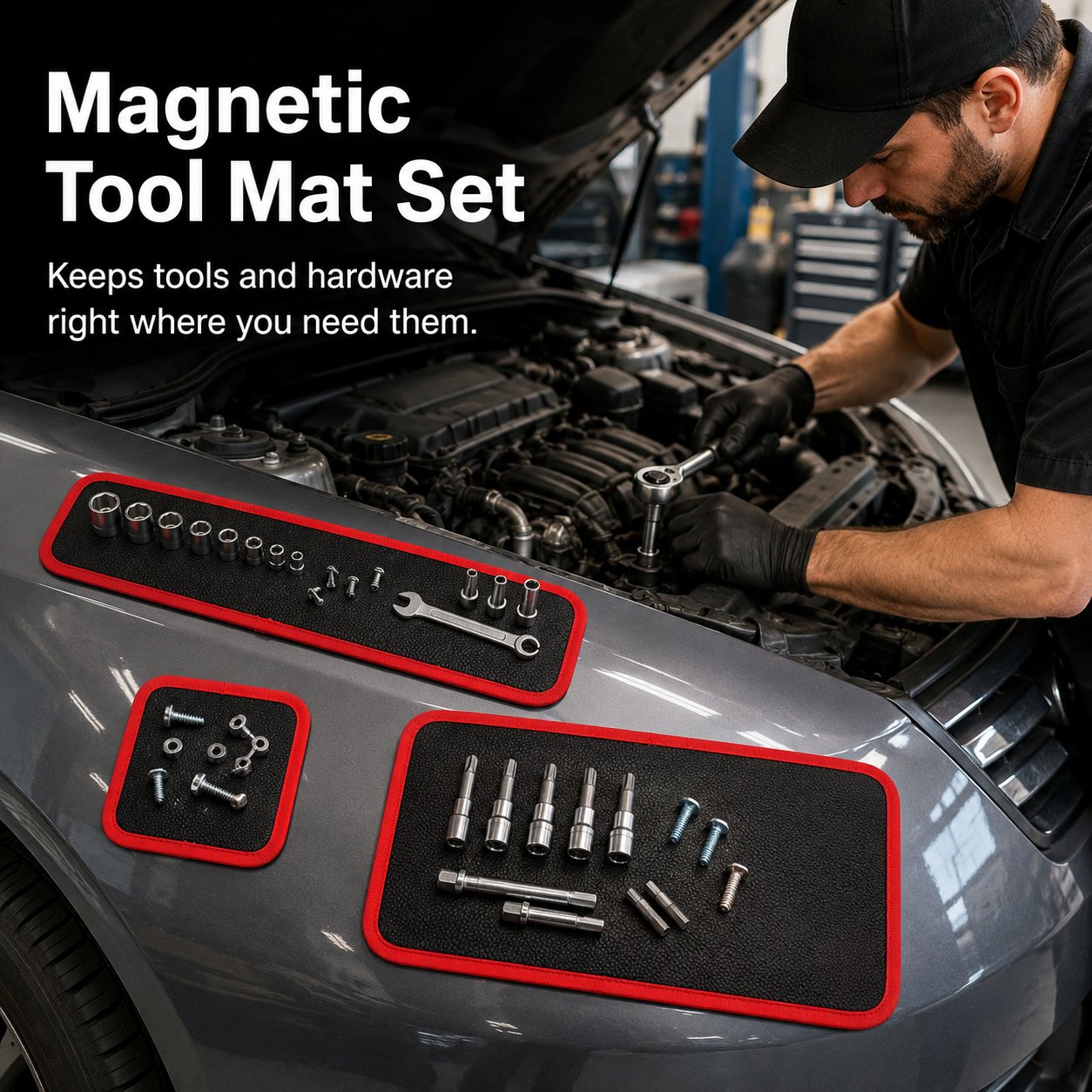 Magnetic tool mat set in garage repair scene