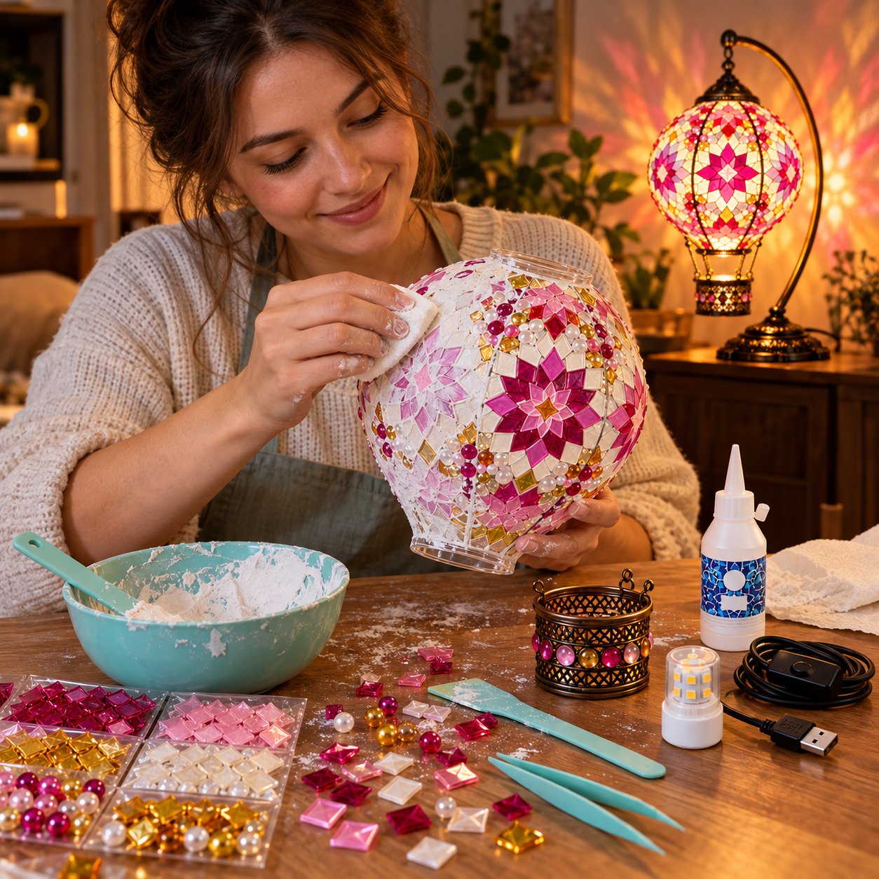 DIY mosaic lamp globe being finished with white grout