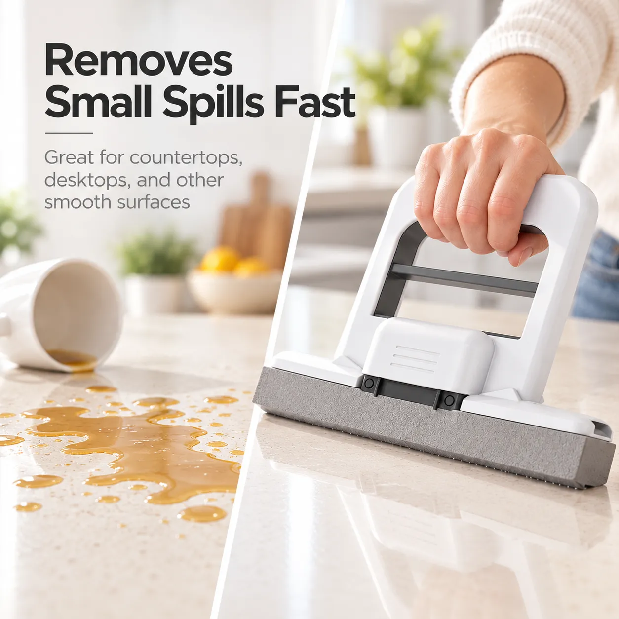 Mini mop wiping a small spill from a smooth countertop