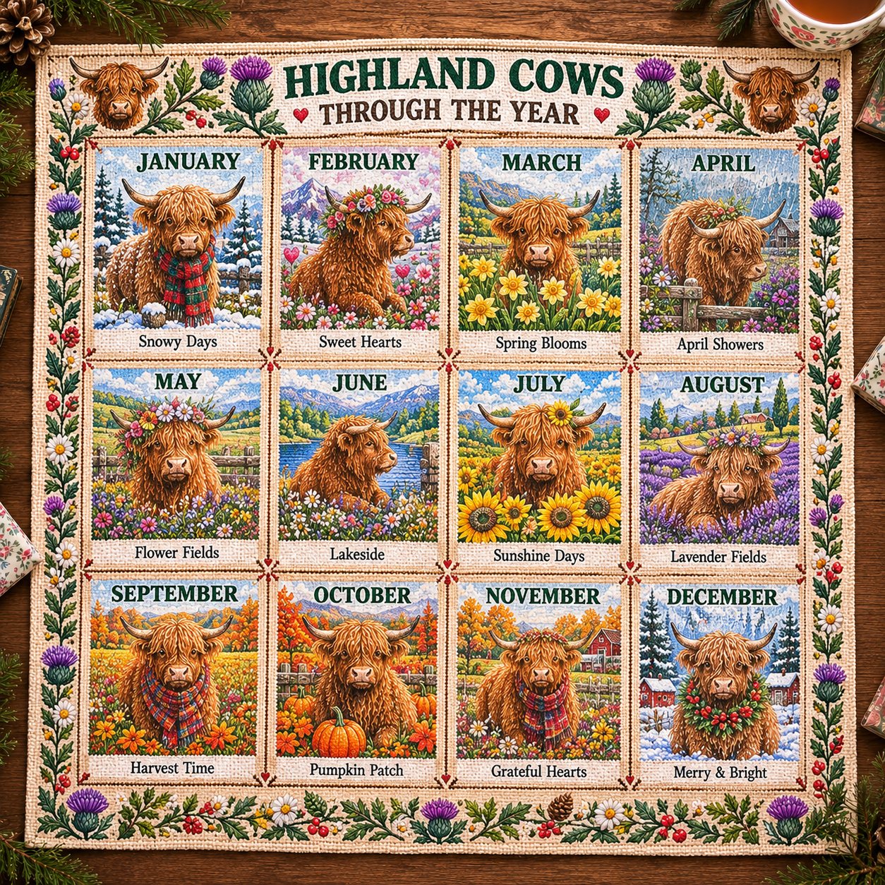 Highland Cows Through the Year embroidery design