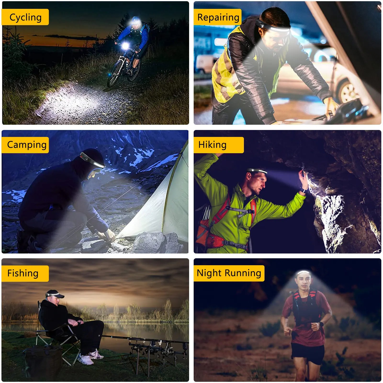 Rechargeable headlamp for camping work repairs and emergencies