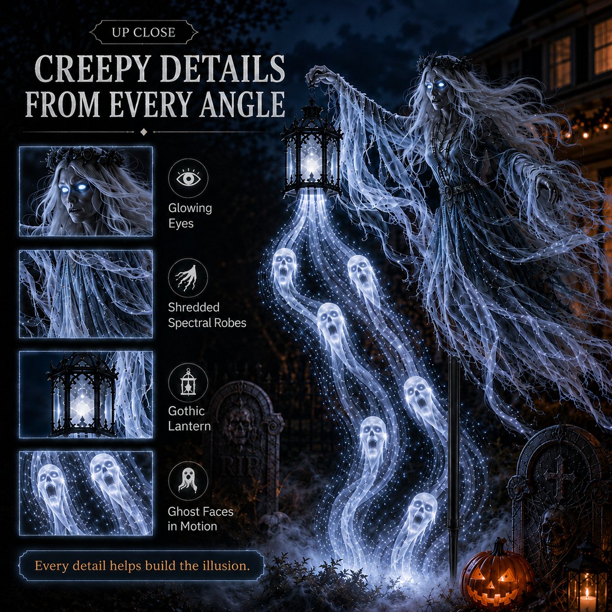 Flowing icy white spirit lights with ghost faces