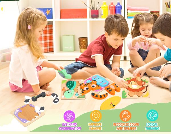 edutree Wooden Puzzles for Toddlers 2-4, 6 Pack Animal Shape Puzzle Montessori Toys for 1 2 3 Year Old, Educational Learning Toys for Girls Boys, Christmas Gift Black Friday