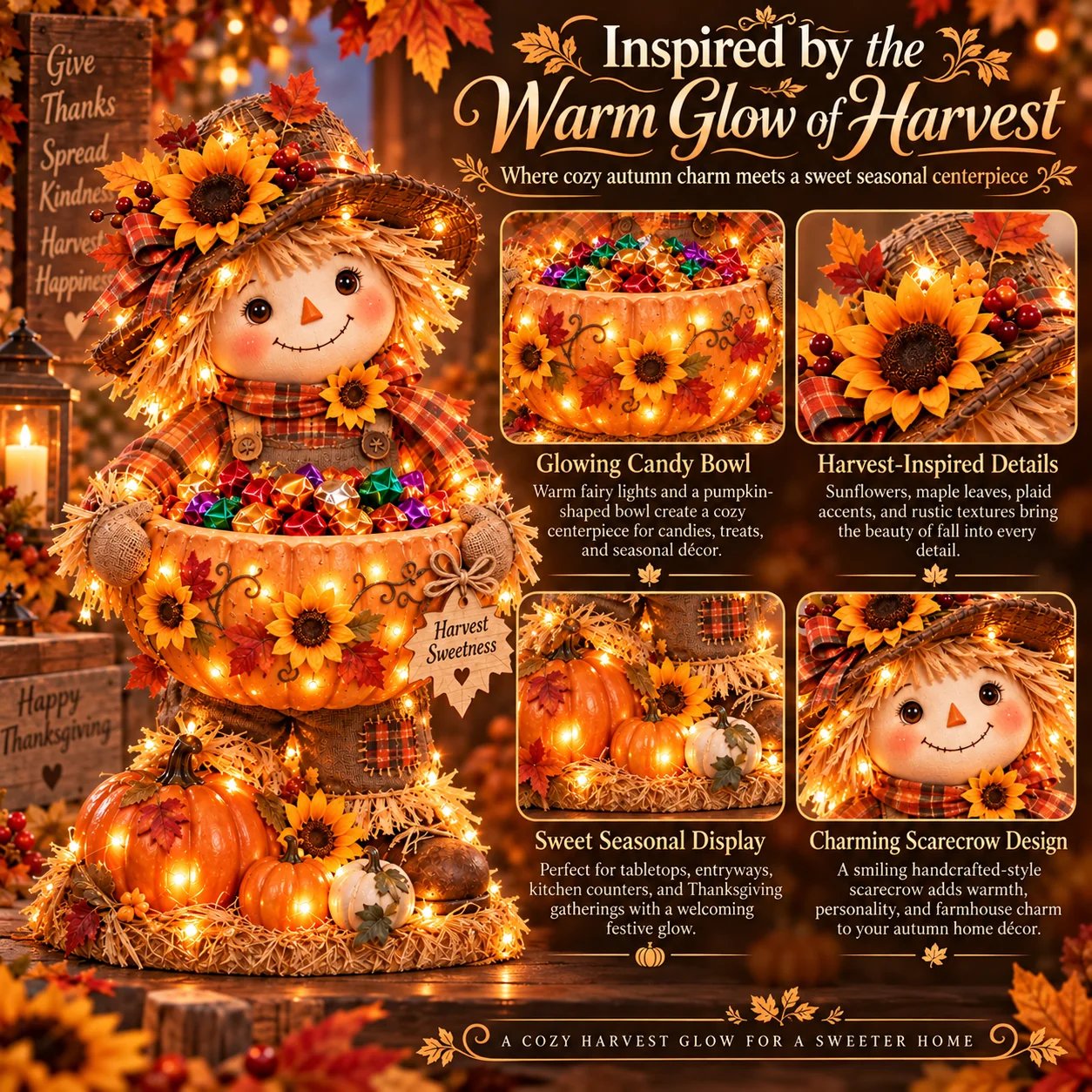 Harvest Glow scarecrow candy bowl details