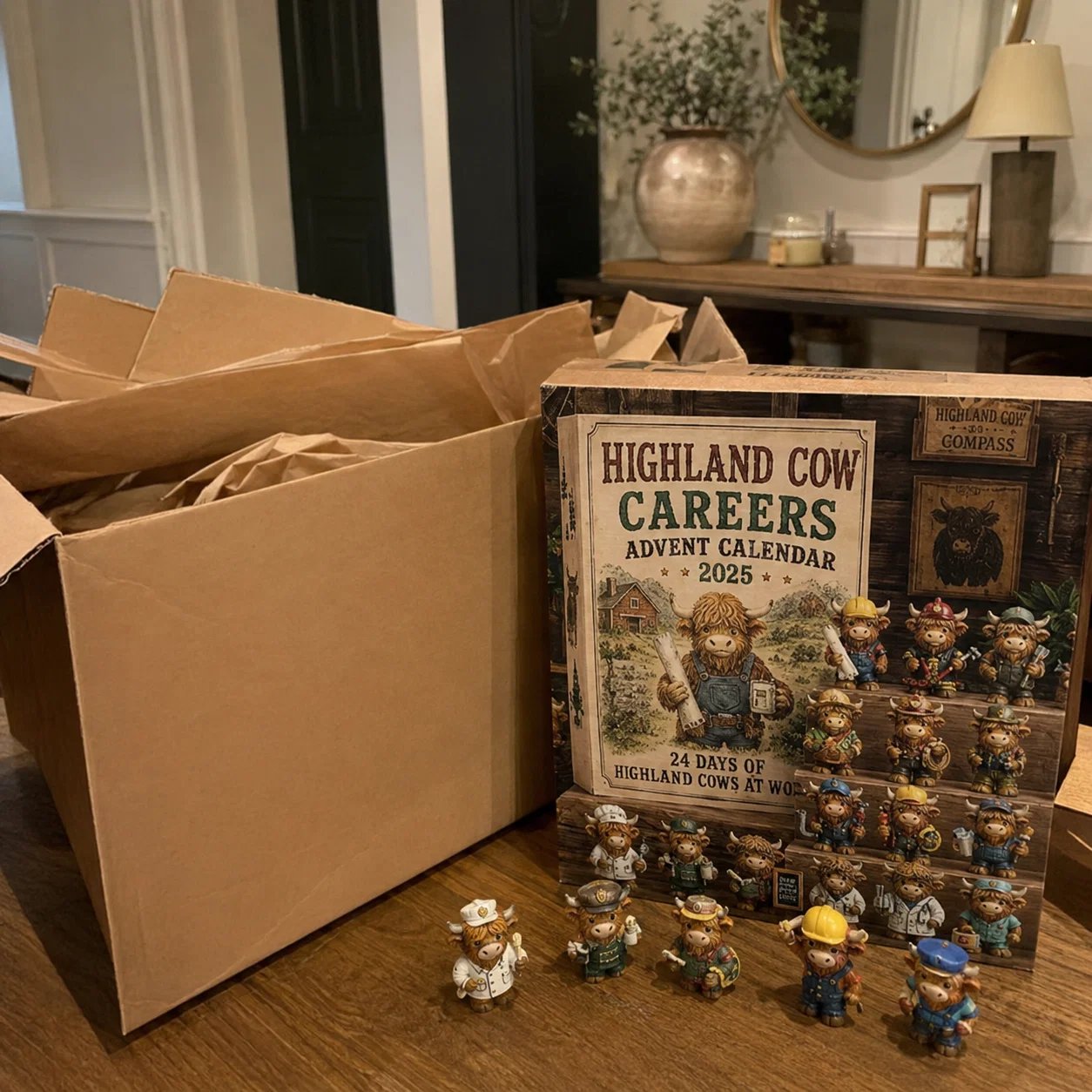 Highland Cow Careers Advent Calendar unboxing with hands and shipping box
